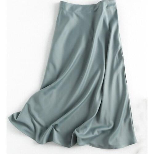Women solid quality satin midi skirt vintage side zipper office ladies elegant chic A-line skirts