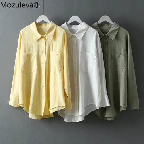 Mozuleva Basic White Shirts for Women Spring Summer Turn-down Collar Double Pockets Office Ladies Blouse Female Tops Blusas 2021