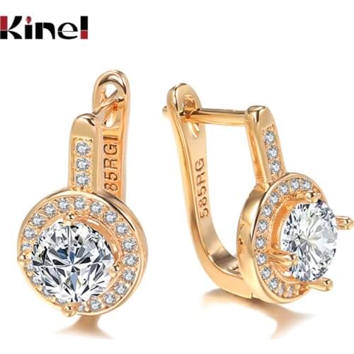 Kinel Simple Round Natural Zircon Stud Earrings For Women Fashion 585 Rose Gold Bridal Wedding Earrings OL Crystal Jewelry Gifts