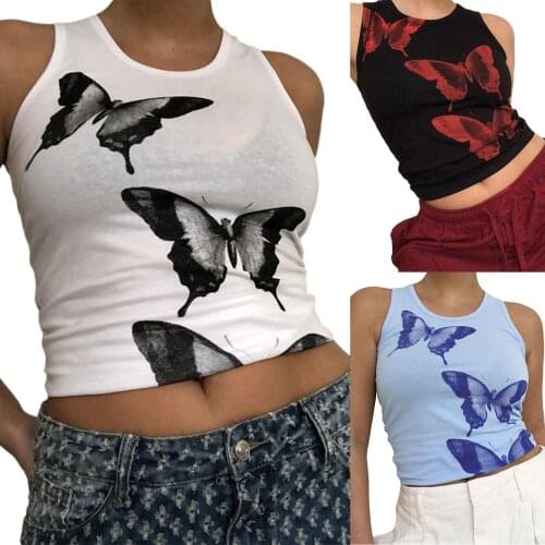 Women’s Fashion Butterfly Printing Vest Casual Round Neck Exposed Navel Sleeveless Tops 2021 New Fashion