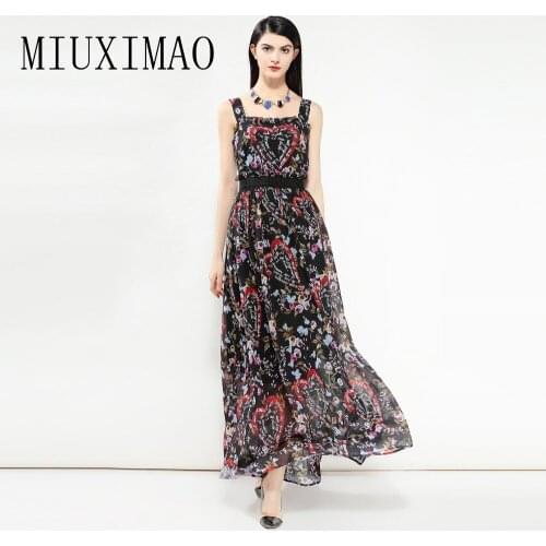 Europe Fashion 2018 Spring Newest Square Collar Sleeveless Maxi Dress Heart Print Flower Floral Vintage Black Long Dress Women