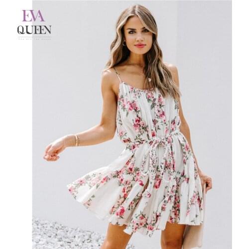 EvaQueen Floral Print Summer Dress Women High Waist Sashes Tie Bow Ruffle Sleeveless Mini Dresses Beach Party Bohemian Vestidos