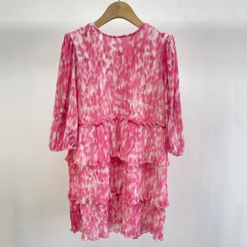 French niche ga2021 spring and summer new womens yooa same pink wood ear edge pleated cake dress