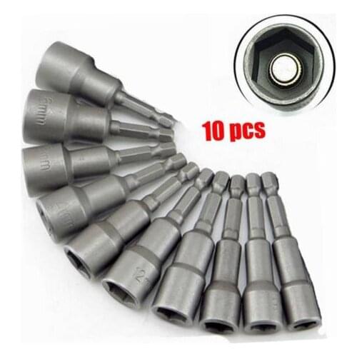 10pcs 6mm~19mm Magnetic Impact Nut Driver Set Quick Change Sleeve Nozzles Metric Socket 6.35mm Hex Shank Drill Bit Adapter