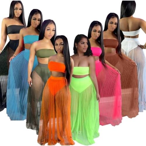 Cover Up Skirt Swimsuit Women 2 Piece Set Strapless Tank Crop Tops Panties And Skirt Fashion Mesh Pleated Beach Swimwear Bikinis