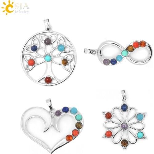 CSJA 7 Chakra Stone Pendant Yoga Healing Point AUM Reiki Chakra Crystal Bead Health Amulet Life Tree Women Flower Pendants E016