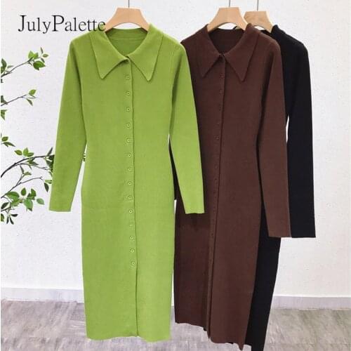 JulyPalette Fashion Single-breasted Knitted Dress Autumn Winter Sexy Slim Bodycon Women Long Sleeve Dress 2021 Casual Knit Dress