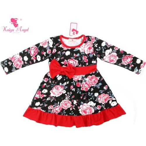 Kaiya Angel Girls Dress 2017 Fall Winter Girls Dresses Floral Print Kids Dresses For Girls Dress Long Sleeve Kids Clothe Red