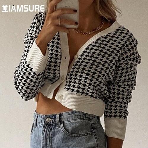 IAMSURE Prairie Chic Houndstooth Plaid Sweater Cardigans Warm Deep V Neck Long Sleeve Crop Top Casual Streetwear Female Winter
