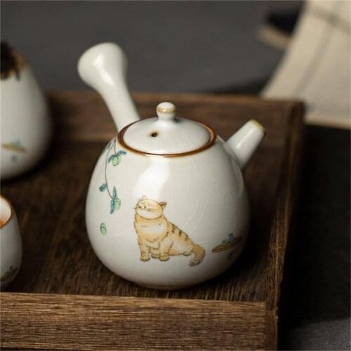 Ceramic Ru Kiln Cute Cat Teapot Creative Retro Household Side Handle Tea Pot Porcelain Chinese Kung Fu Kettle Drinkware Tea Set