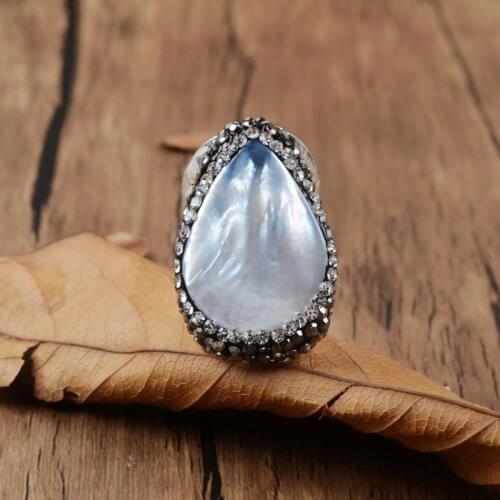 BOROSA Natural White Shell Drop Rings Big Stone Paved Rhinestones Ring Cowrie Shell Handmade Fashion Ring for Party