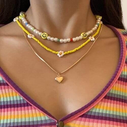 HaHaGirl Korean irregular Imitation Pearl Choker Necklace For Women Heart Pendant Necklace Cute Smile Face Bead Necklace Jewelry