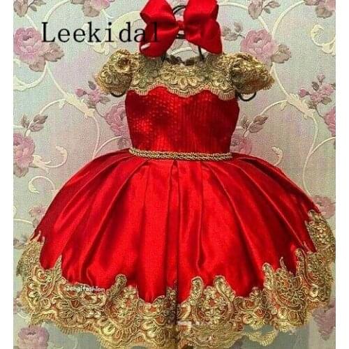Red Puffy Short Sleeve Flower Girls Dresses Gold Appliques Short Girls Pageant Gown First Communion Dresses Custom Made
