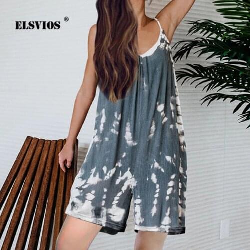 Summer Women New Loose V Neck Sling Tye-die Print Casual Jumpsuit Shorts Elegant Slim Straight Sleevelsss Off-shoulder Jumpsuits