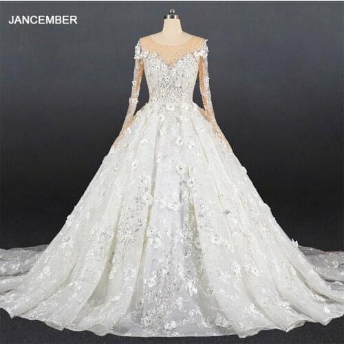 LSDZ44 JANCEMBER White Simple V-Neck Flowers Sequined Princess Wedding Dresses 2021 Appliques Ball Gowns Long Sleeve