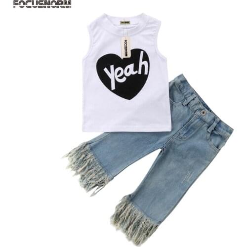 Toddler Baby Girls Fashion Casual Summer 2PCS Sets Sleeveless Letter Print White Vest Tops Blue Denim Tassel Pants Outfit 6M-5Y