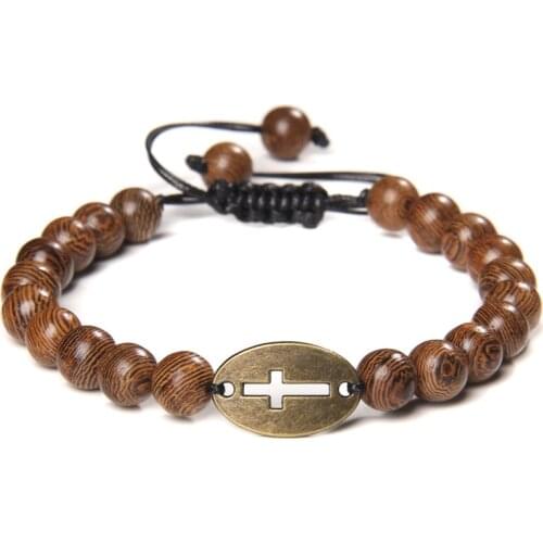 Men Braided Bracelet Wood Beads Cross Charm Bracelet Healing Balance Tiger Eye Stoen Beaded Buddha Bracelet Prayer Jewery Homme