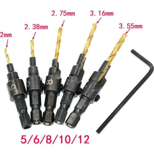 5pcs Set HSS Titanium Countersink Drill Bit Quick Change Hex Shank Tapered Wood Hole Opener Set