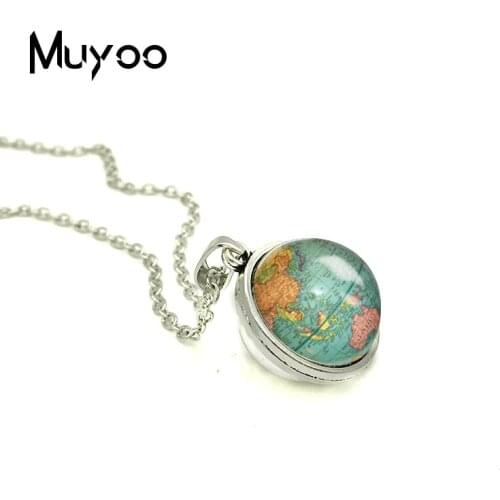 2018 New Globe Double Sided Necklace Planet Earth World Map Art Pendant Glass Cabochon Necklaces Hand Craft Jewelry