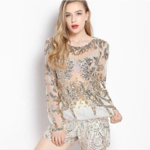 Sexy Sequined embroidery Rose Flower Shirt shiny Transparent gauze Heavy Beading Blouses blusa camisa luxury party club Tops