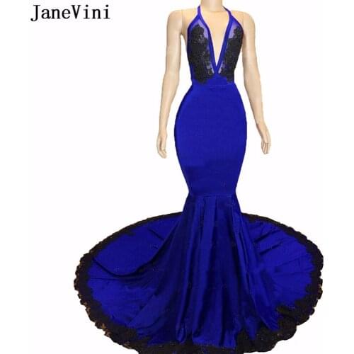 JaneVini Sexy Mermaid Long Evening Dresses V Neck Appliques Beaded Satin Abendkleid Lang African Royal Blue Formal Evening Gowns