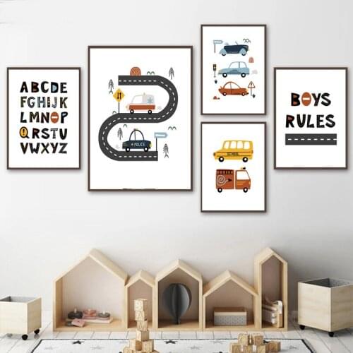 Nordic Cartoon Car Club Alphabet Printed Poster Minimalist City Road Motto Canvas Art Painting Boy Room Wall Decoration Picture