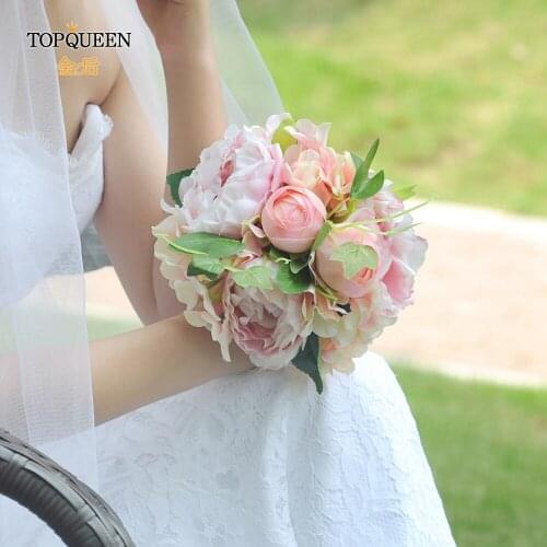 TOPQUEEN F15 Luxury Wedding Flowers Bridal Bouquets Beautiful Bridesmaid Bouquet Pink Rose Artificial Flower Bouquets