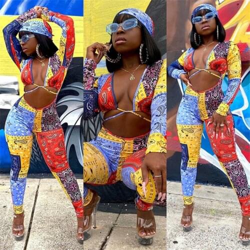 Zoctuo Jumpsuit Spring Paisley Bandage Print Sexy Jumpsuit with Handkerchief Women Lace Up Hollow Out Long Sleeve Romper 2021