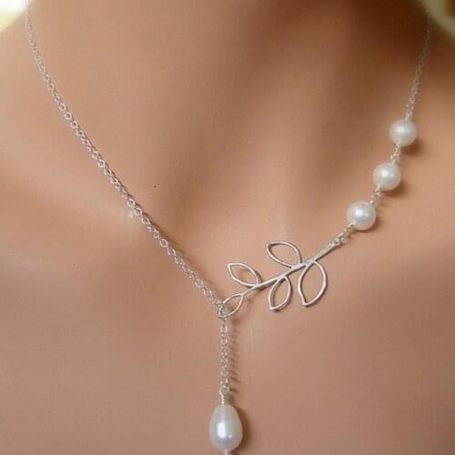 Hot Sale Luxury Leaf Imitation Pearl Necklace Circle Lariat Necklace Jewelry Wedding Party Gift Tree leaf pearl necklace