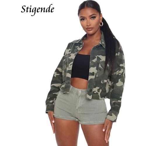 Stigende Women Camouflage Crop Jeans Jacket Casual Front Button Long Sleeve Denim Coat Autumn Turn Down Collar Pocket Tops