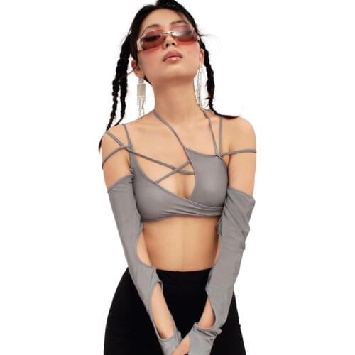 Sexy Halter Bandage Corset Top Women Off Shoulder Long Sleeve Hollow Out Tee Shirt 2021 Summer Korean Fairy Harajuku Y2k Clothes