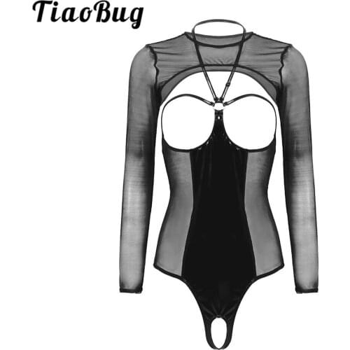 TiaoBug Women Lingerie Patent Leather Mesh Patchwork Long Sleeves Shrugs Open Cups Crotchless Teddy Nightwear Hot Sexy Bodysuits