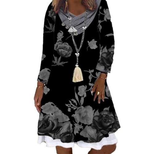 Mini Dress Floral Print Fake Two Piece Elegant Pile Collar V Neck A-Line Dress for Dating Casual Womens Clothing Autumn 2021