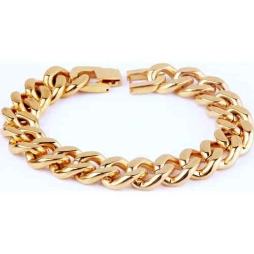 Gold Color 13/15mm 316L Stainless Steel Bracelet Mens Bracelet Curb Cuban Chain Gift Jewelry For Men Jewelry 7-10inch