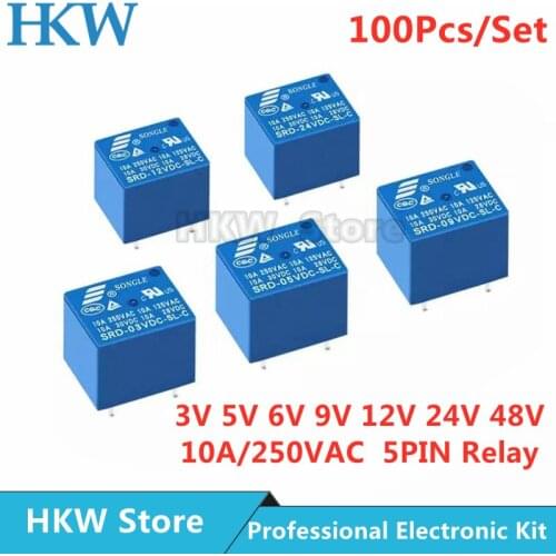 100pcs Relay SRD-03VDC-SL-C SRD-05VDC-SL-C SRD-24VDC-SL-C SRD-12VDC-SL-C 3V 5V 6V 9V 12V 24V 48V 10A 250VAC 5PIN Relays Relais
