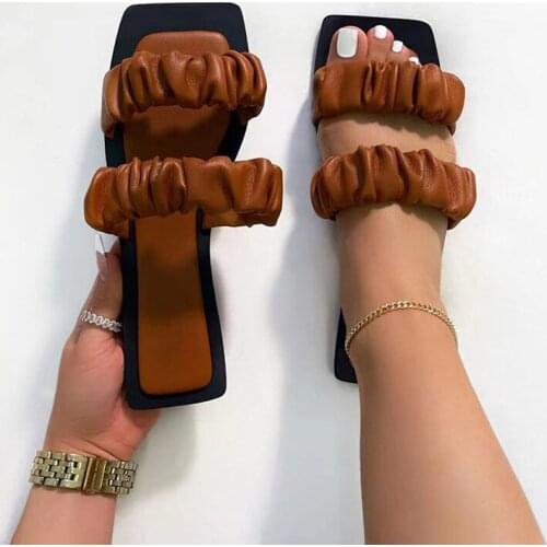 2021 summer new style fashion casual solid color pleated hollow flat open toe outdoor womens slippers