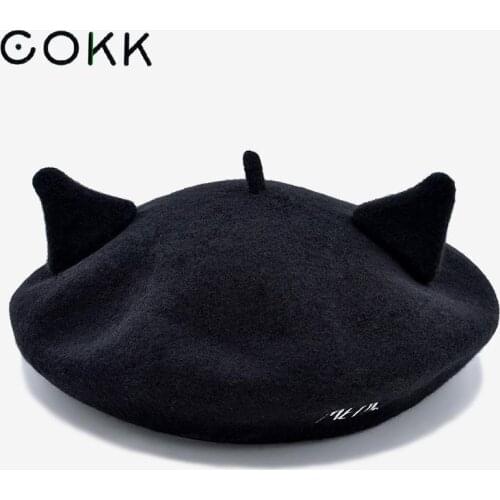 COKK Black Wool Beret Female Winter Hats For Women Girls With Ears Pure Woolen Boina Feminina Flat Cap England Beret Bone Gorro
