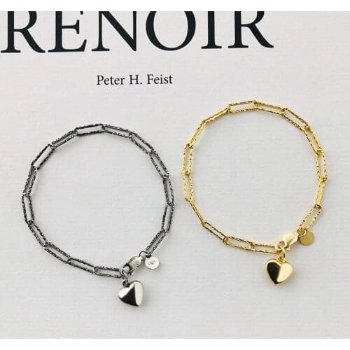 Lispector Antique 925 Sterling Silver Vintage Love Heart Charm Chain Bracelet for Women Retro Bangle Unisex Jewelry Couple Gifts