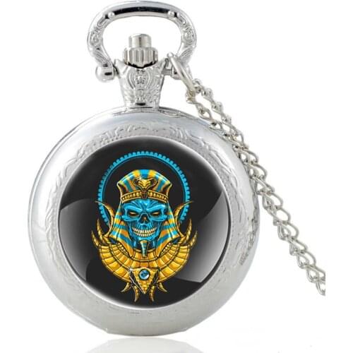 Ancient Egypt Pharaoh Skull Design Silver Quartz Pocket Watch Men Women Glass Dome Pendant Necklace Hours Clock Gifts