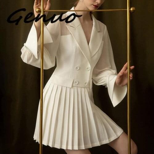 Double Breasted Women Dress Office Blazer White Dress 2019 Spring Puff Sleeve Slim Suit Pleated Chiffon Dresses