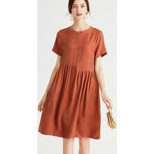 Euramerican Summer New Pure Silk Dress Aristocratic Temperament Cuprammonuium Loose Show Thin Short Sleeve Round Neck Dresses