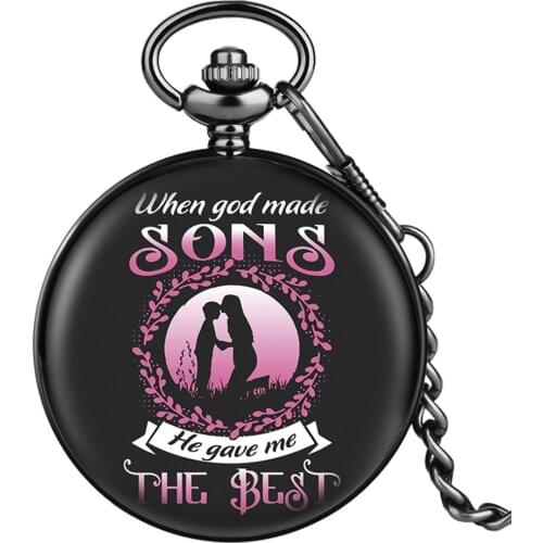 Exquisite Personalized Printed "When God Made Sons, He Gave Me the Best" Antique Quartz Pocket Watch with Black Pocket Chain