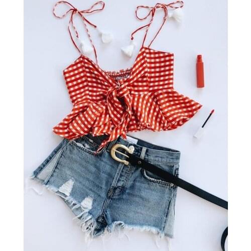 Toddler Girls 2Pcs Summer Outfits, Sleeveless Plaid Print Ruffle Crop Tops + Ripped Denim Shorts Set, 1-6Years