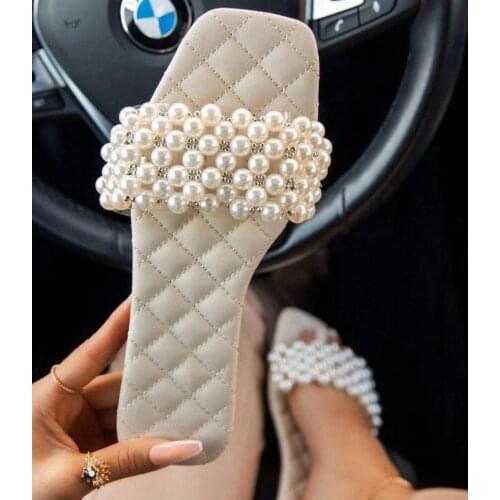 Fashion 2021 Summer Design Ladies Slippers Sandals Pearls Open Toe Flat Heel Women Slides Beach Zapatillas Mujer Casa