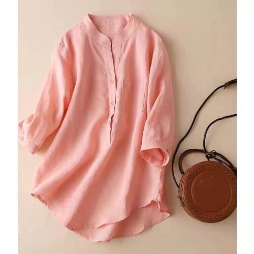 Cotton Linen Women Shirts Summer Vintage 2021 New Solid Loose Half Sleeved Casual Female Outwear Coats Tops
