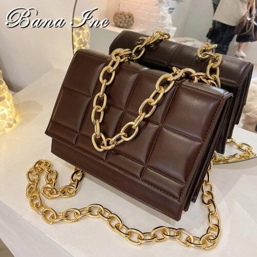 Thick Metal Chain Square Lattice PU Leather Shoulder Bag Women New Designer Square Crossbody Bags Female Chic Purse High Quality