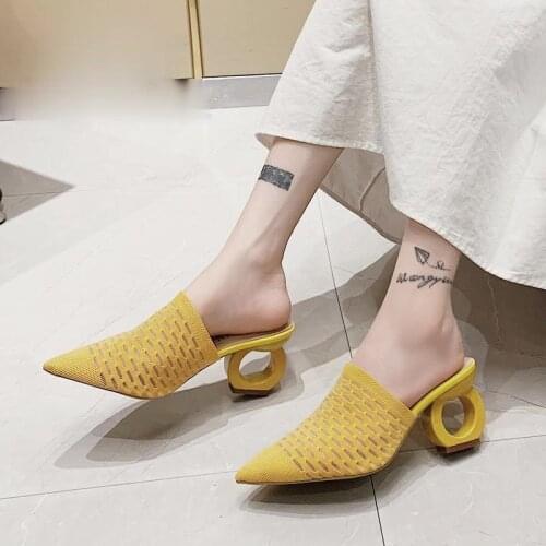 Women Pointed Toe Slippers 7cm Openwork Heels Air Mesh Stretch Fabric Slides Plus Size 43