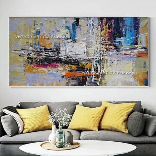 Modern Large Hand Painted Abstract Blue Grey Orange Oil Painting Canvas painting Wall Art for Bedroom Wall Decor Living Room