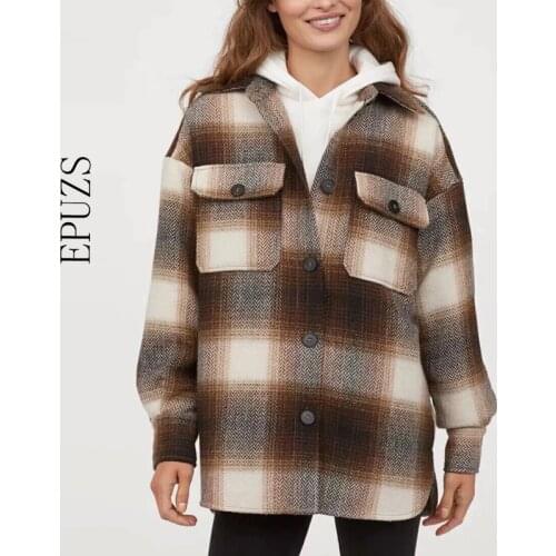 Vintage Oversized Chic Plaid shirts women Pockets loose long sleeve blouse Casual womens blouses full plus size winter tops