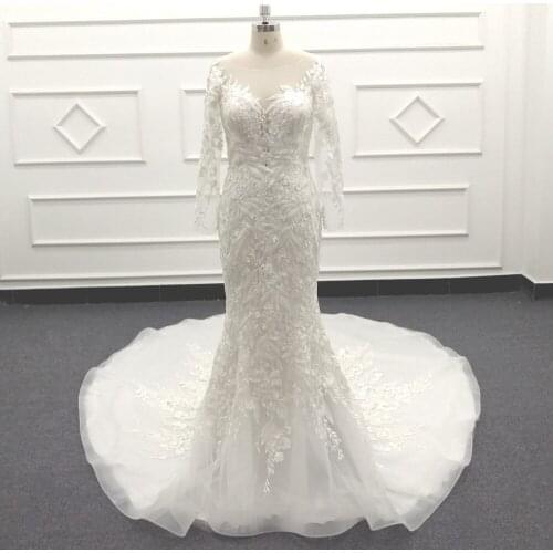 Molanda Hung Wedding Dress Lace With Beads Deep V Neck Zipper With Buttons Long Sleeves Ivory High-end Quailty SJ108
